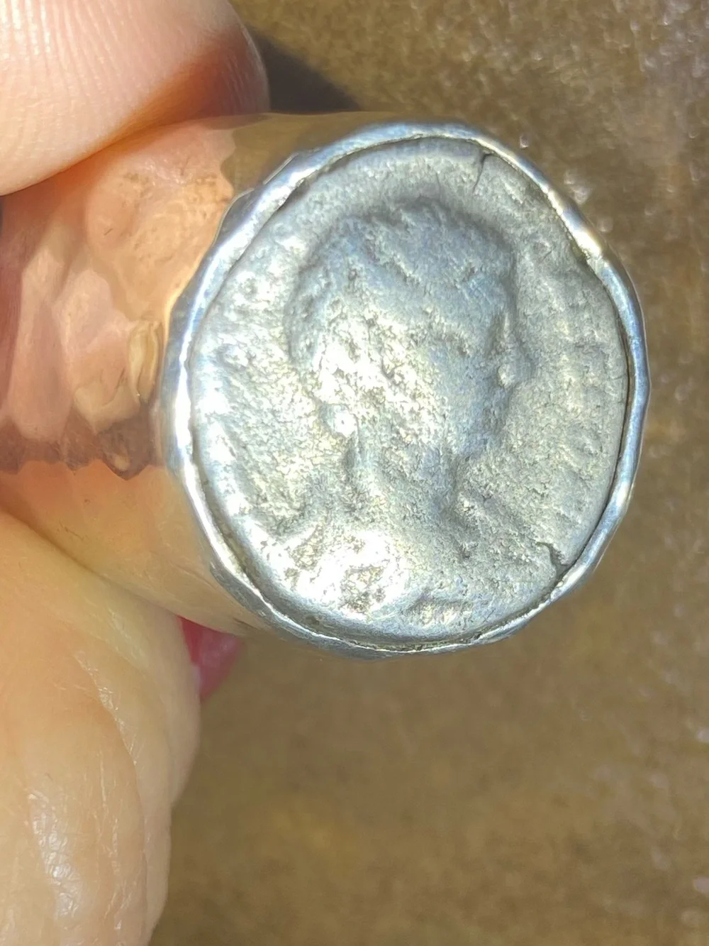 Auth 1st Century Roman Denarius Coin in 925 Hammered Artisan Ring Setting 18g